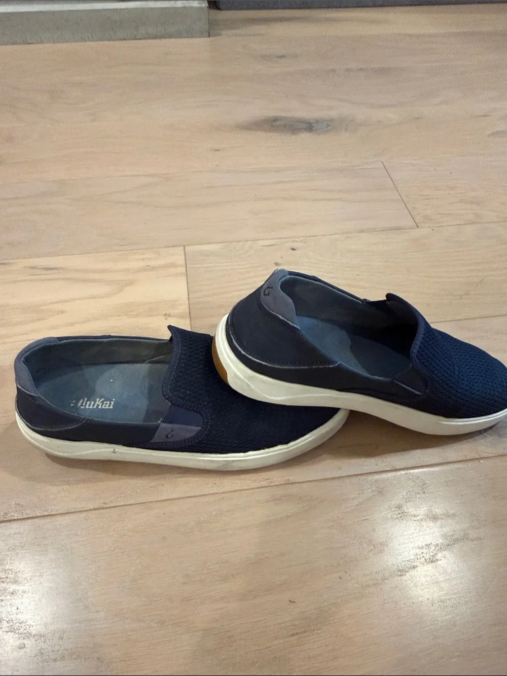 OluKai Navy and White Slip-On Casual Loafers